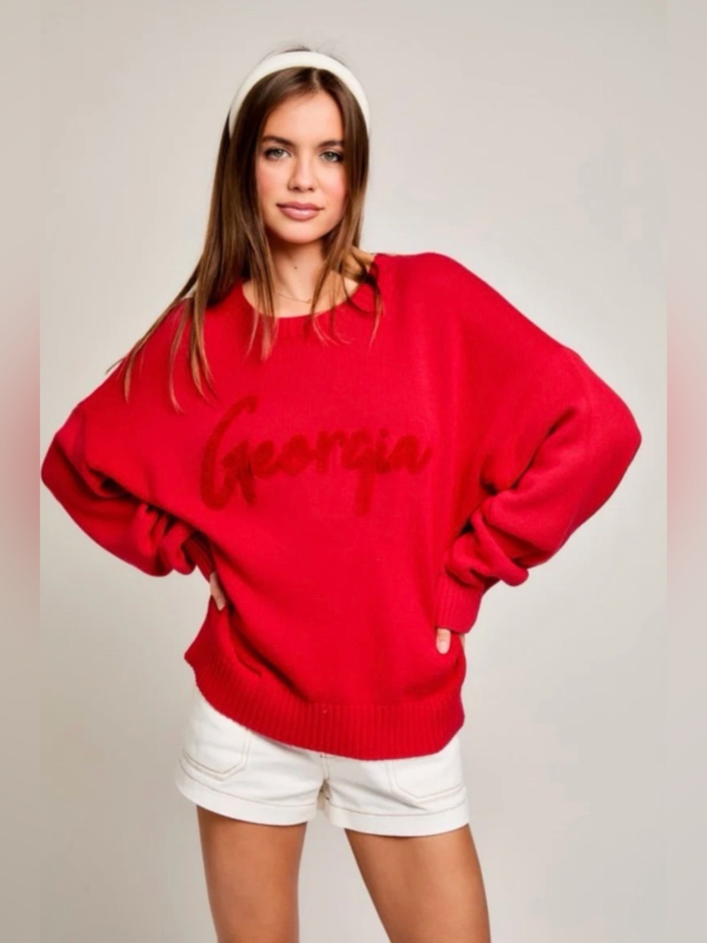 Le Lis Bold Red Crewneck Sweater with Script Detail